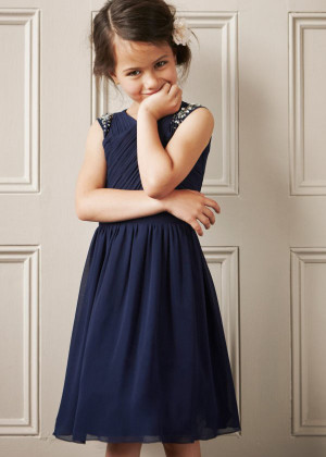 Navy Blue Pleated Chiffon Knee Length Flower Girl Dress
